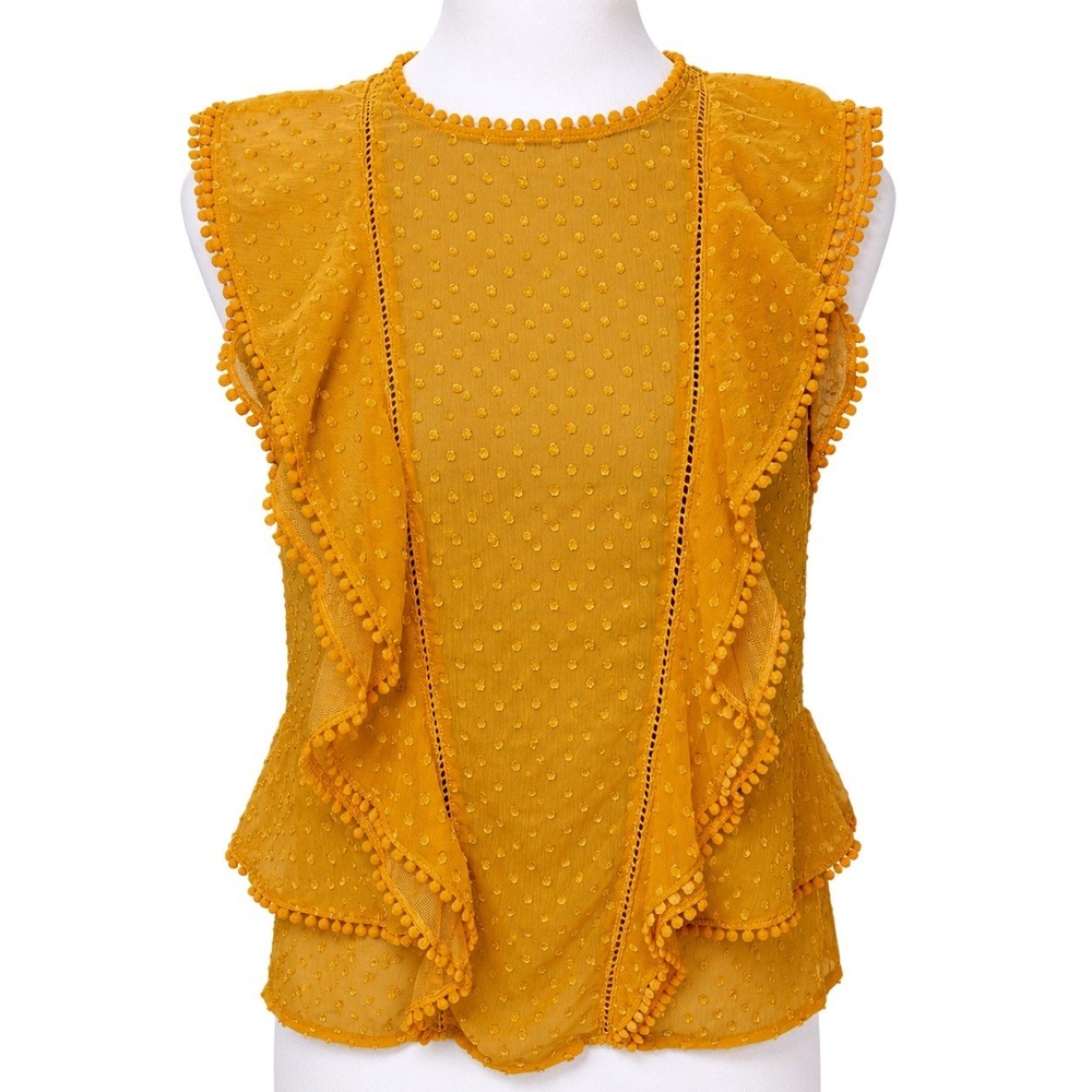 Scotch & Soda Mustard Yellow Boho Swiss Dot Ruffle Top Small Cottagecore Pom Pom